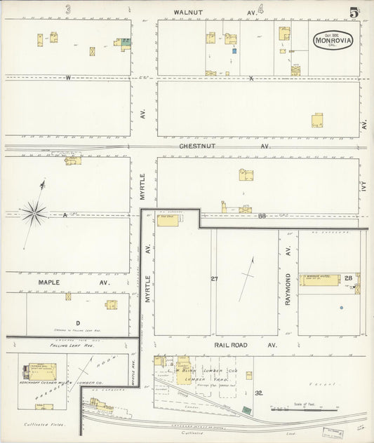 Sanborn Fire Insurance Map from Monrovia, Los Angeles County, California (1892), Sheet #0005 - Historic Sanborn Fire Insurance Map Print, vintage old map wall art, antique decor, genealogy gift, California California map
