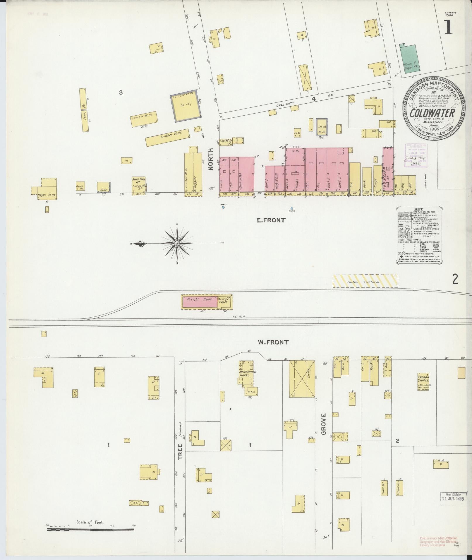Sanborn Fire Insurance Map from Coldwater, Tate County, Mississippi (1905), Sheet #0001 - Complete Map Set gallery image, historic Sanborn map, vintage wall art, Mississippi Mississippi