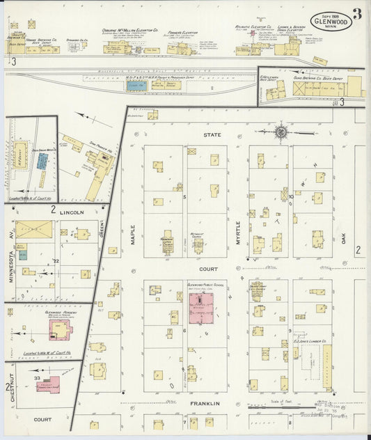 Sanborn Fire Insurance Map from Glenwood, Pope County, Minnesota (1909), Sheet #0003 - Historic Sanborn Fire Insurance Map Print, vintage old map wall art, antique decor, genealogy gift, Minnesota Minnesota map