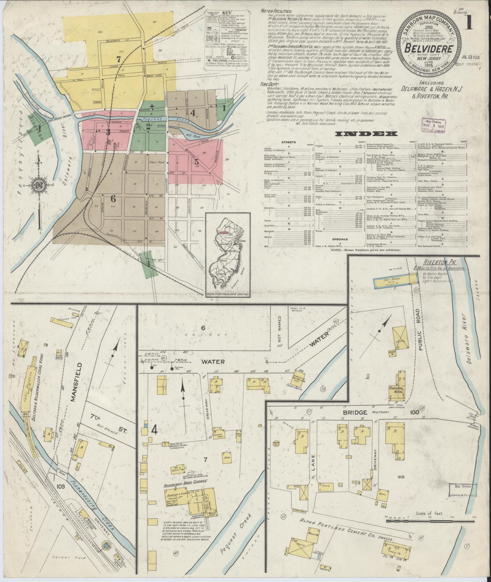 Sanborn Fire Insurance Map from Belvidere, Warren County, New Jersey (1915), Sheet #0001 - Historic Sanborn Fire Insurance Map Print, vintage old map wall art, antique decor, genealogy gift, Pennsylvania Pennsylvania map