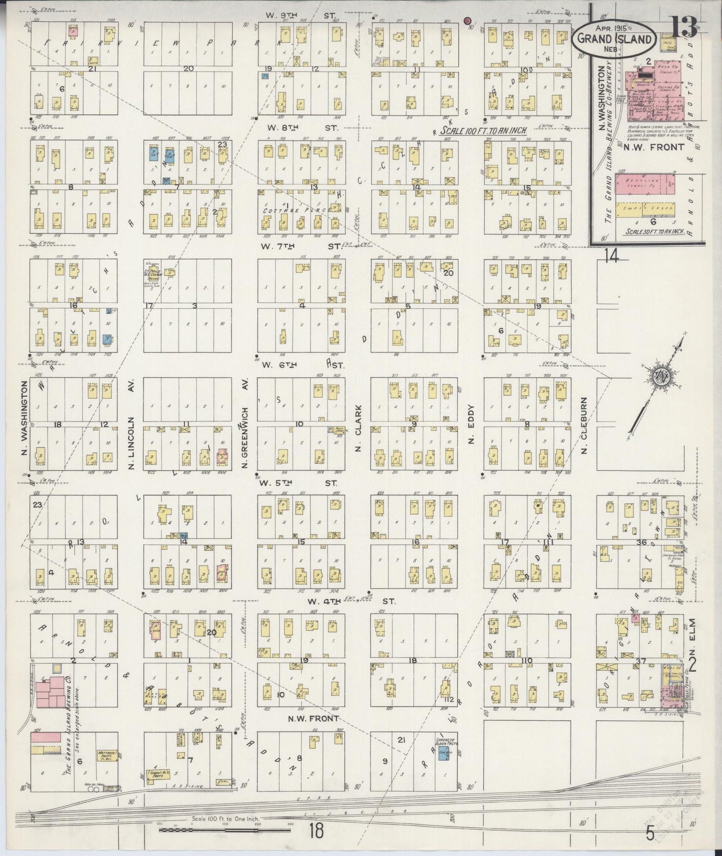 Sanborn Fire Insurance Map from Grand Island, Hall County, Nebraska (1915), Sheet #0013 - Historic Sanborn Fire Insurance Map Print, vintage old map wall art, antique decor, genealogy gift, Nebraska Nebraska map