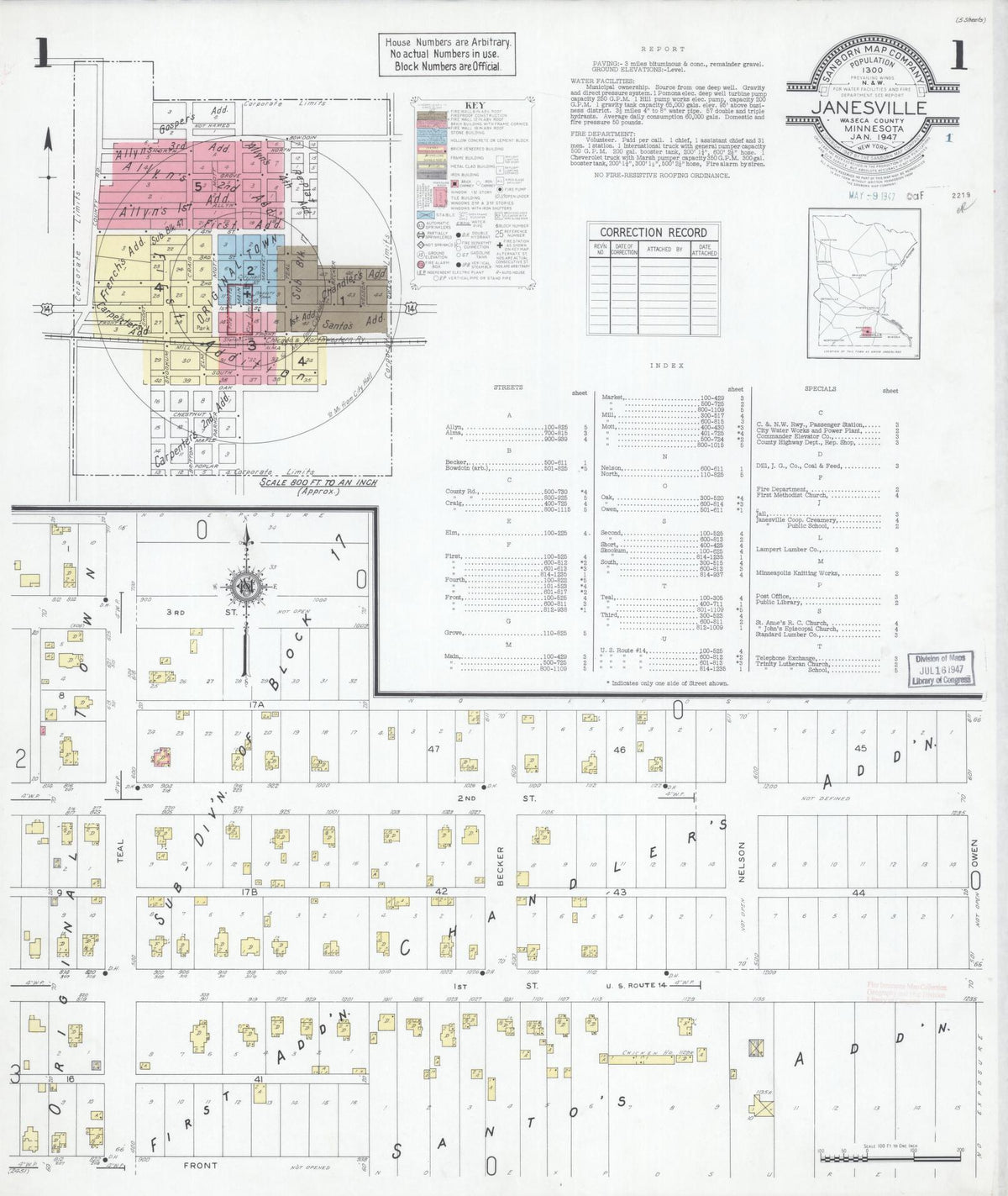 Sanborn Fire Insurance Map from Janesville, Waseca County, Minnesota (1947), Sheet #0001 - Complete Map Set gallery image, historic Sanborn map, vintage wall art, Minnesota Minnesota