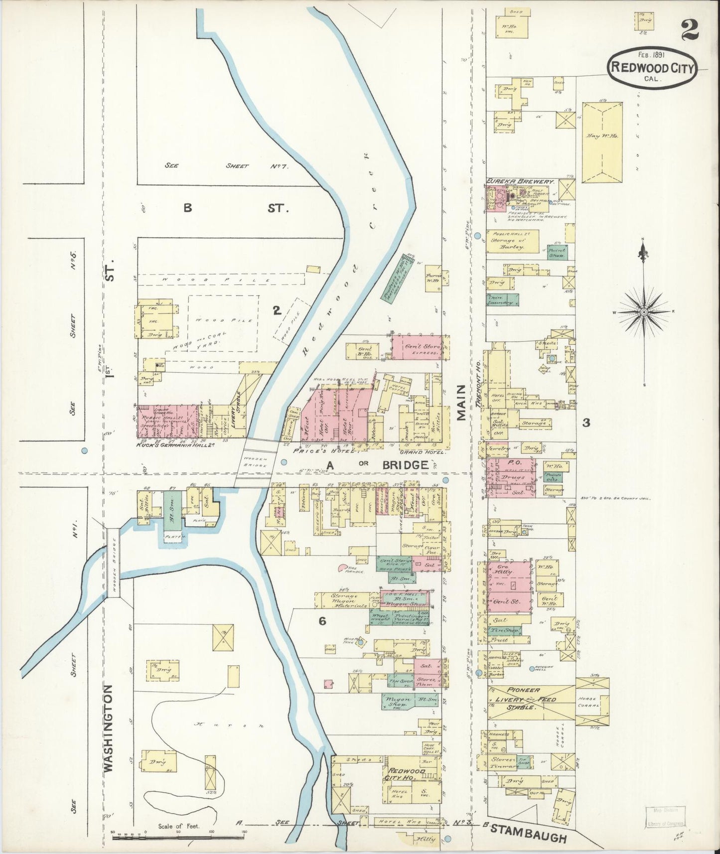 Sanborn Fire Insurance Map from Redwood City, San Mateo County, California (1891), Sheet #0002 - Complete Map Set gallery image, historic Sanborn map, vintage wall art, California California