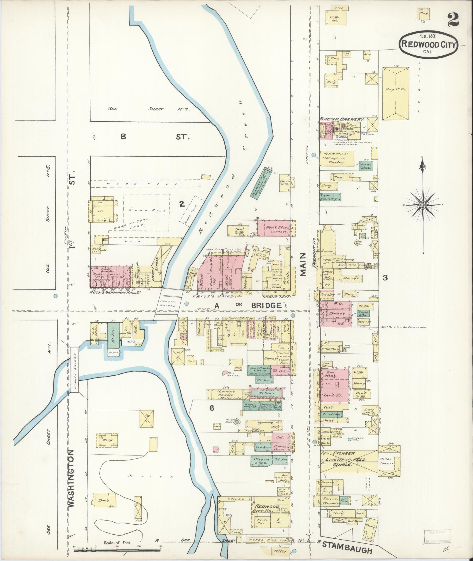 Sanborn Fire Insurance Map from Redwood City, San Mateo County, California (1891), Sheet #0002 - Complete Map Set gallery image, historic Sanborn map, vintage wall art, California California