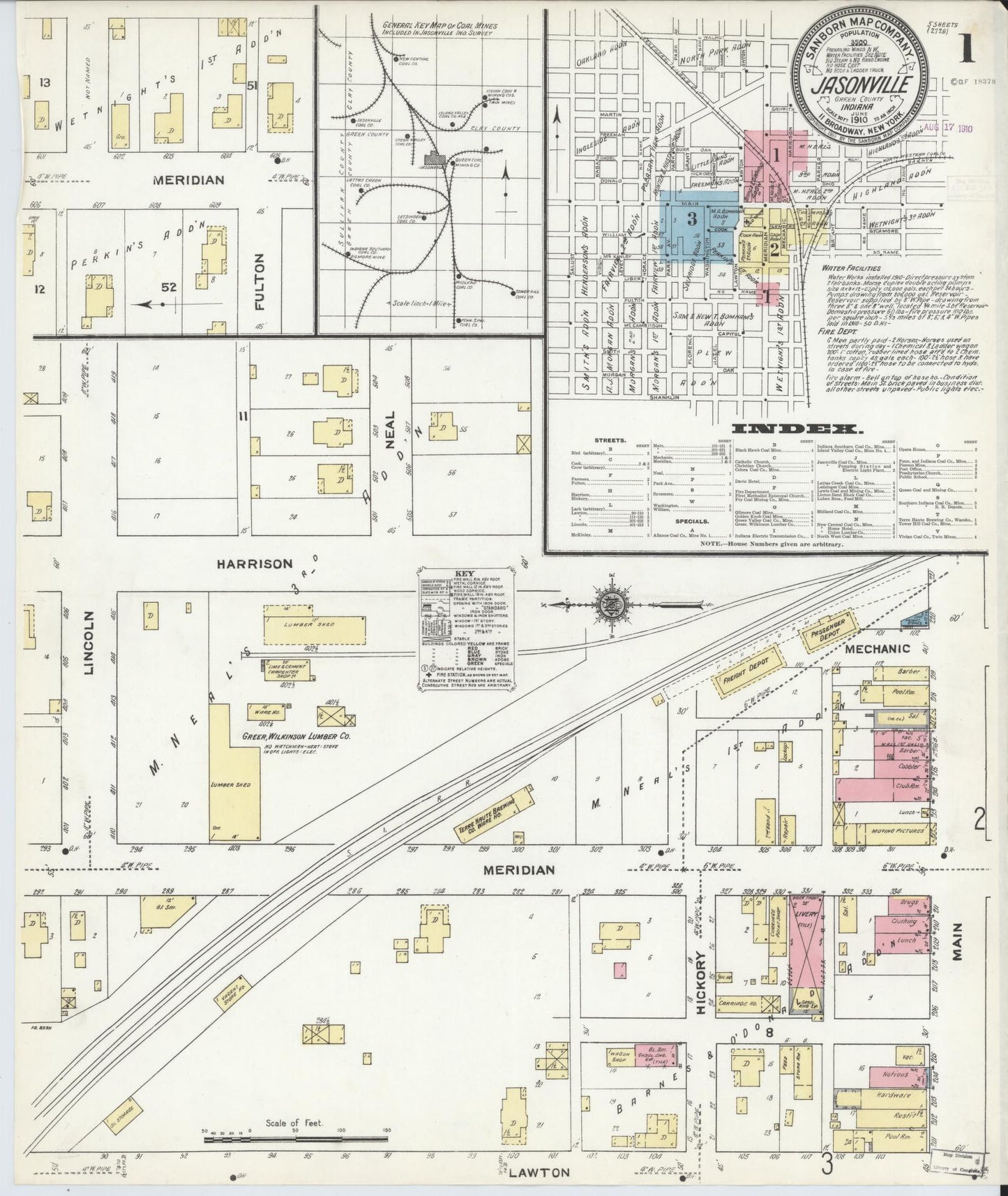 Sanborn Fire Insurance Map from Jasonville, Greene County, Indiana (1910), Sheet #0001 - Historic Sanborn Fire Insurance Map Print, vintage old map wall art, antique decor, genealogy gift, Indiana Indiana map