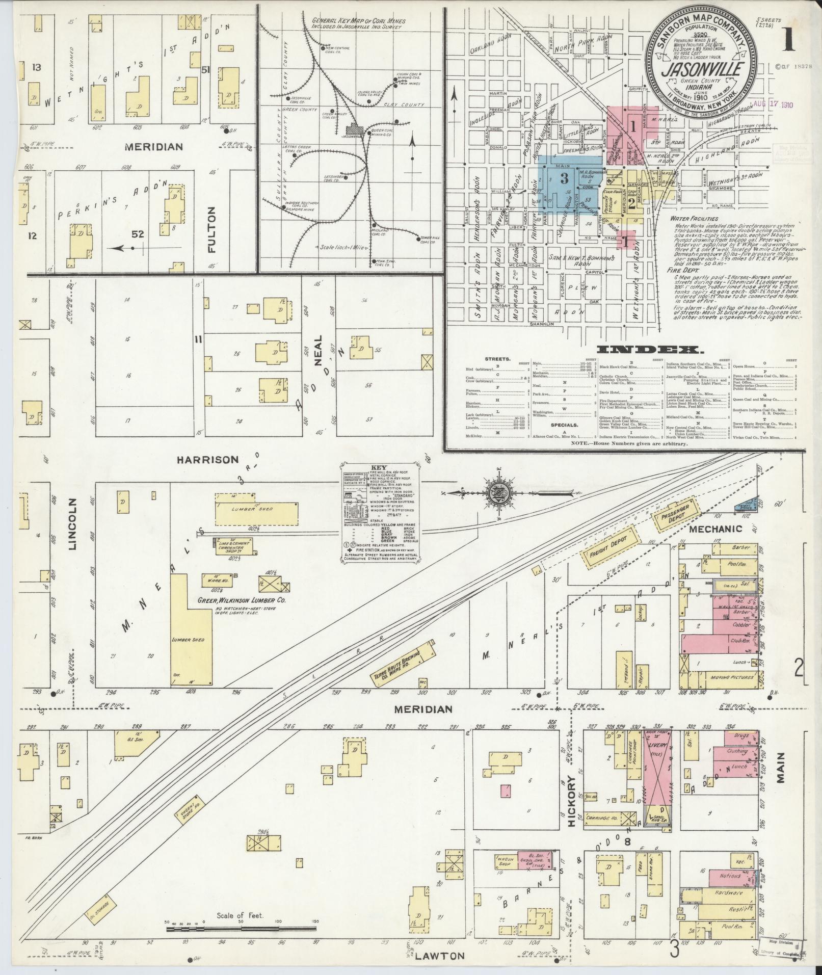 Sanborn Fire Insurance Map from Jasonville, Greene County, Indiana (1910), Sheet #0001 - Historic Sanborn Fire Insurance Map Print, vintage old map wall art, antique decor, genealogy gift, Indiana Indiana map