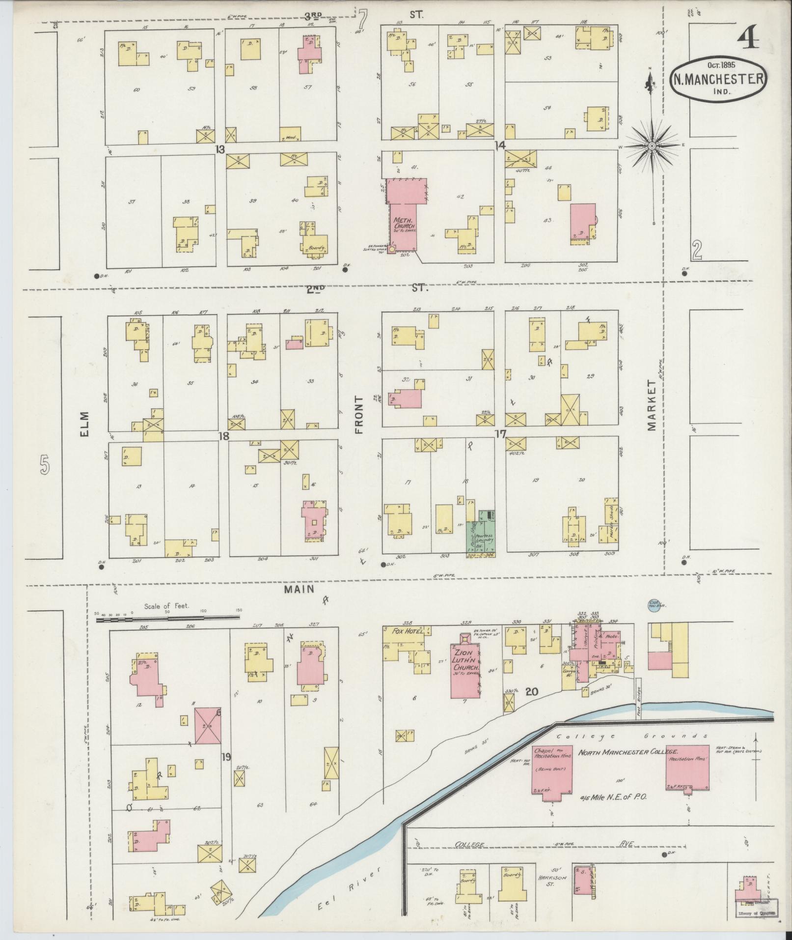 Sanborn Fire Insurance Map from North Manchester, Wabash County, Indiana (1895), Sheet #0004 - Historic Sanborn Fire Insurance Map Print, vintage old map wall art, antique decor, genealogy gift, Indiana Indiana map
