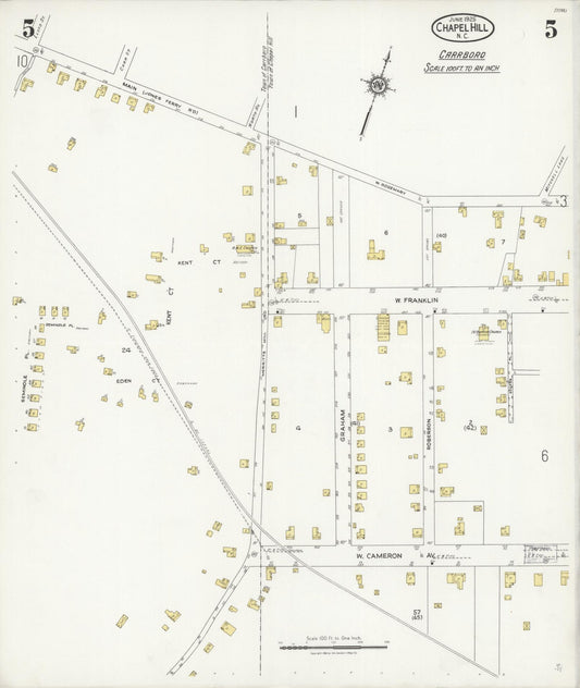 Sanborn Fire Insurance Map from Chapel Hill, Orange County, North Carolina (1925), Sheet #0005 - Historic Sanborn Fire Insurance Map Print, vintage old map wall art, antique decor, genealogy gift, North Carolina North Carolina map