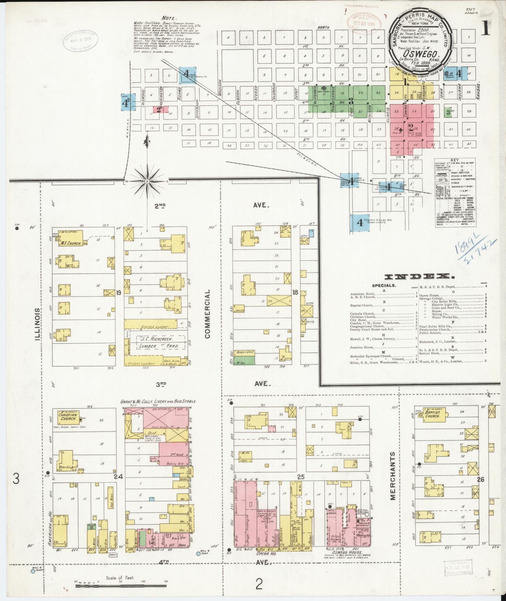 Sanborn Fire Insurance Map from Oswego, Labette County, Kansas (1899), Sheet #0001 - Complete Map Set gallery image, historic Sanborn map, vintage wall art, Kansas Kansas