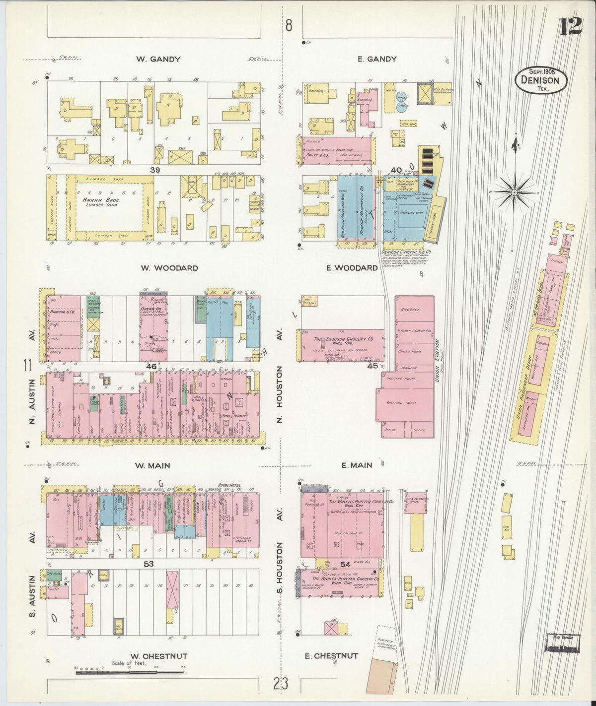 Sanborn Fire Insurance Map from Denison, Grayson County, Texas (1908), Sheet #0012 - Complete Map Set gallery image, historic Sanborn map, vintage wall art, Texas Texas