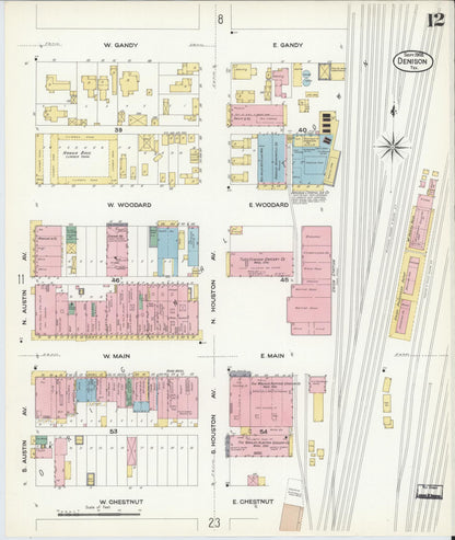 Sanborn Fire Insurance Map from Denison, Grayson County, Texas (1908), Sheet #0012 - Complete Map Set gallery image, historic Sanborn map, vintage wall art, Texas Texas