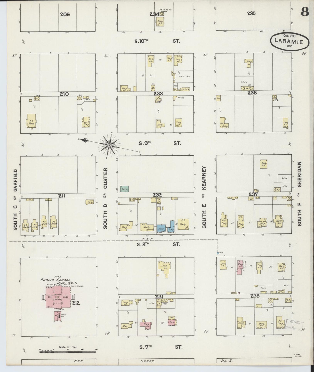 Sanborn Fire Insurance Map from Laramie, Albany County, Wyoming (1890), Sheet #0008 - Historic Sanborn Fire Insurance Map Print, vintage old map wall art, antique decor, genealogy gift, Wyoming Wyoming map