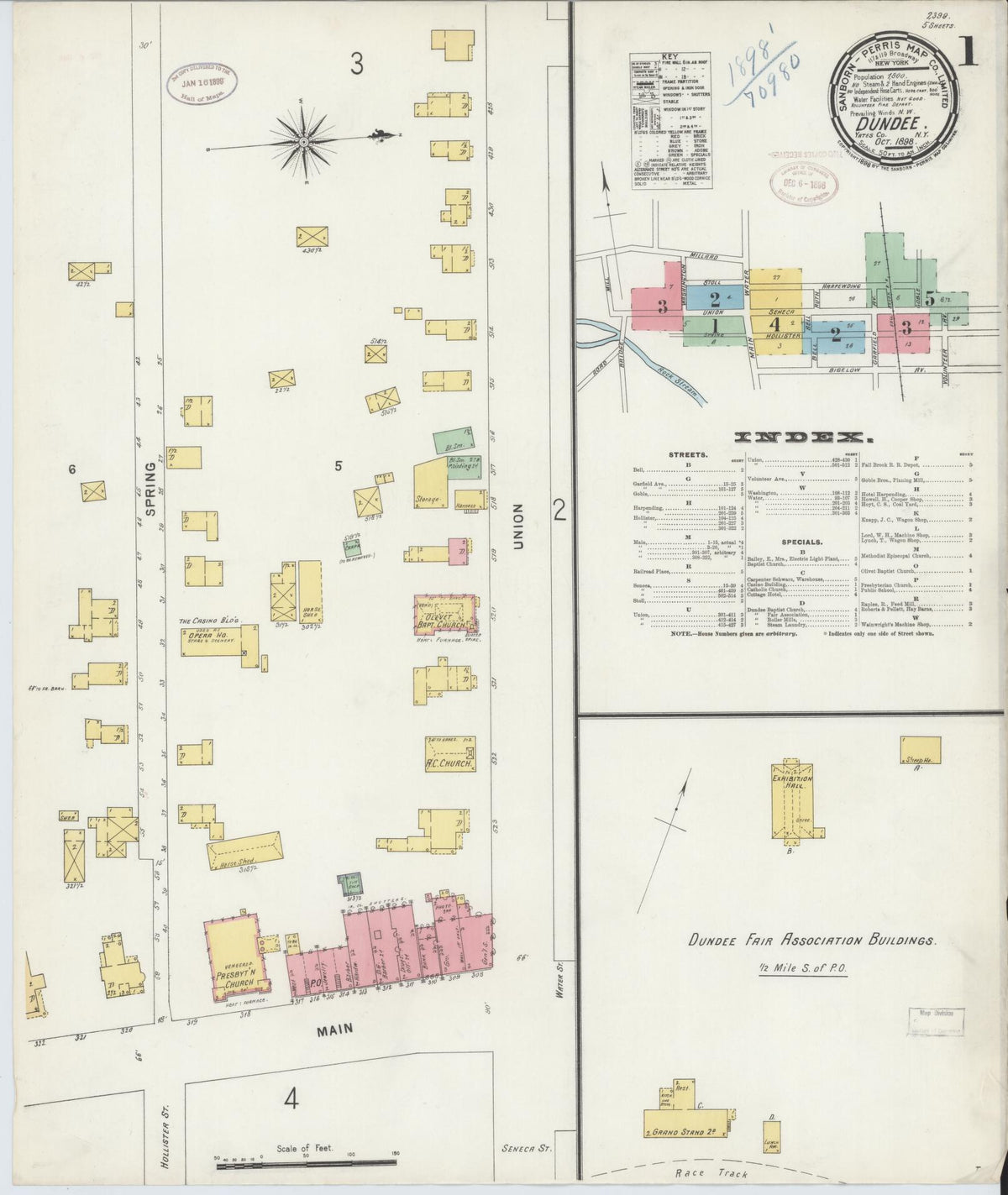 Sanborn Fire Insurance Map from Dundee, Yates County, New York (1898), Sheet #0001 - Historic Sanborn Fire Insurance Map Print, vintage old map wall art, antique decor, genealogy gift, New York New York map