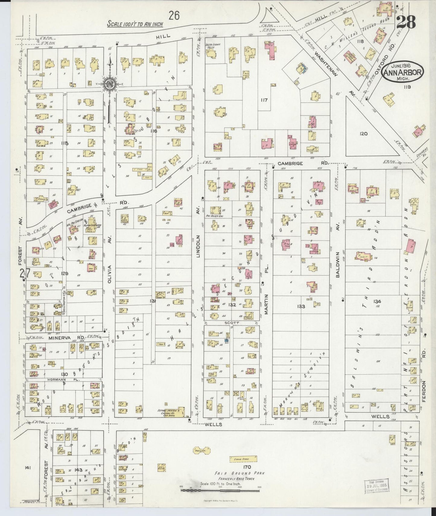 Sanborn Fire Insurance Map from Ann Arbor, Washtenaw County, Michigan (1916), Sheet #0028 - Historic Sanborn Fire Insurance Map Print, vintage old map wall art, antique decor, genealogy gift, Michigan Michigan map
