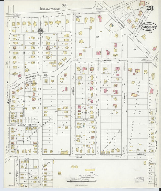 Sanborn Fire Insurance Map from Ann Arbor, Washtenaw County, Michigan (1916), Sheet #0028 - Historic Sanborn Fire Insurance Map Print, vintage old map wall art, antique decor, genealogy gift, Michigan Michigan map