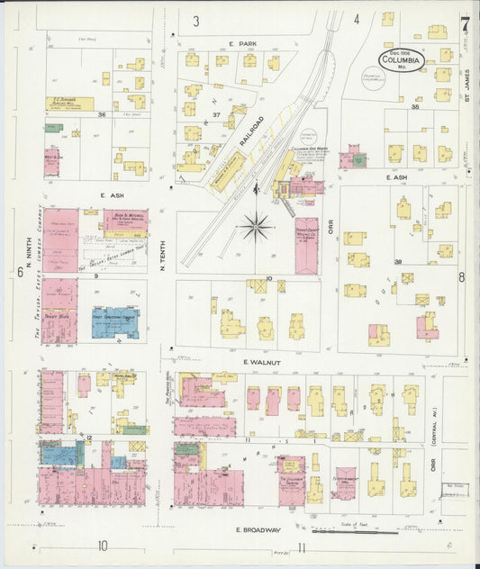 Sanborn Fire Insurance Map from Columbia, Boone County, Missouri (1908), Sheet #0007 - Historic Sanborn Fire Insurance Map Print, vintage old map wall art, antique decor, genealogy gift, Missouri Missouri map