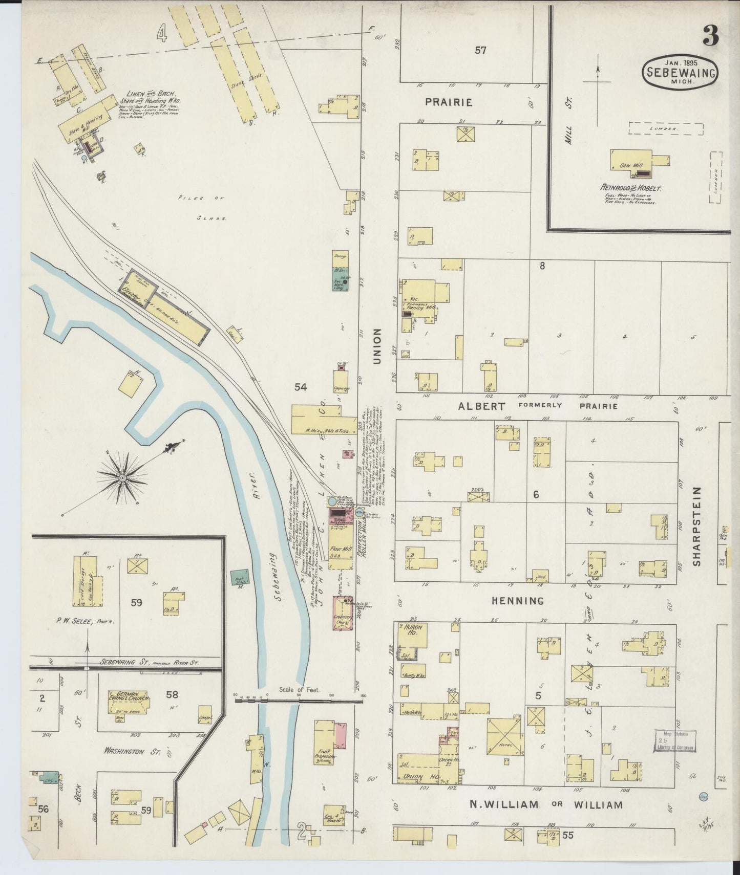 Sanborn Fire Insurance Map from Sebewaing, Huron County, Michigan (1895), Sheet #0003 - Historic Sanborn Fire Insurance Map Print, vintage old map wall art, antique decor, genealogy gift, Michigan Michigan map