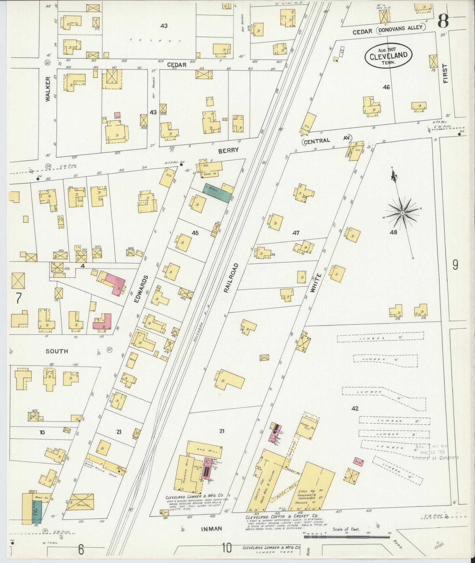Sanborn Fire Insurance Map from Cleveland, Bradley County, Tennessee (1907), Sheet #0008 - Complete Map Set gallery image, historic Sanborn map, vintage wall art, Tennessee Tennessee