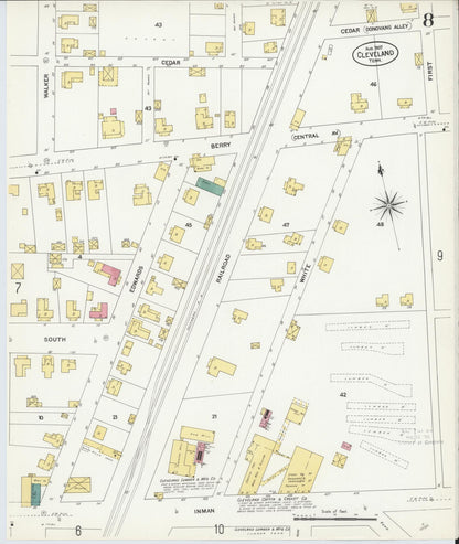 Sanborn Fire Insurance Map from Cleveland, Bradley County, Tennessee (1907), Sheet #0008 - Complete Map Set gallery image, historic Sanborn map, vintage wall art, Tennessee Tennessee