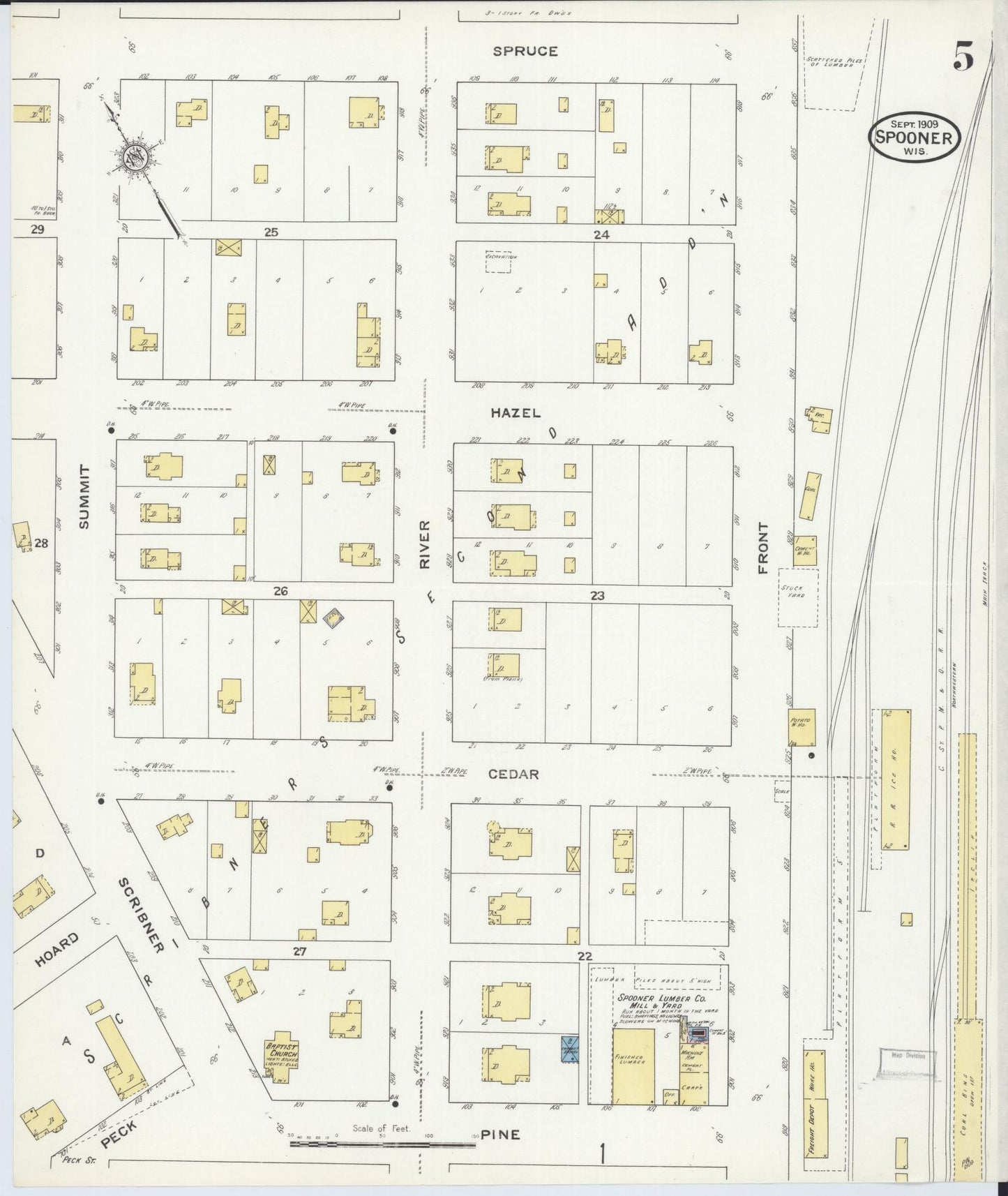 Sanborn Fire Insurance Map from Spooner, Washburn County, Wisconsin (1909), Sheet #0005 - Historic Sanborn Fire Insurance Map Print, vintage old map wall art, antique decor, genealogy gift, Wisconsin Wisconsin map
