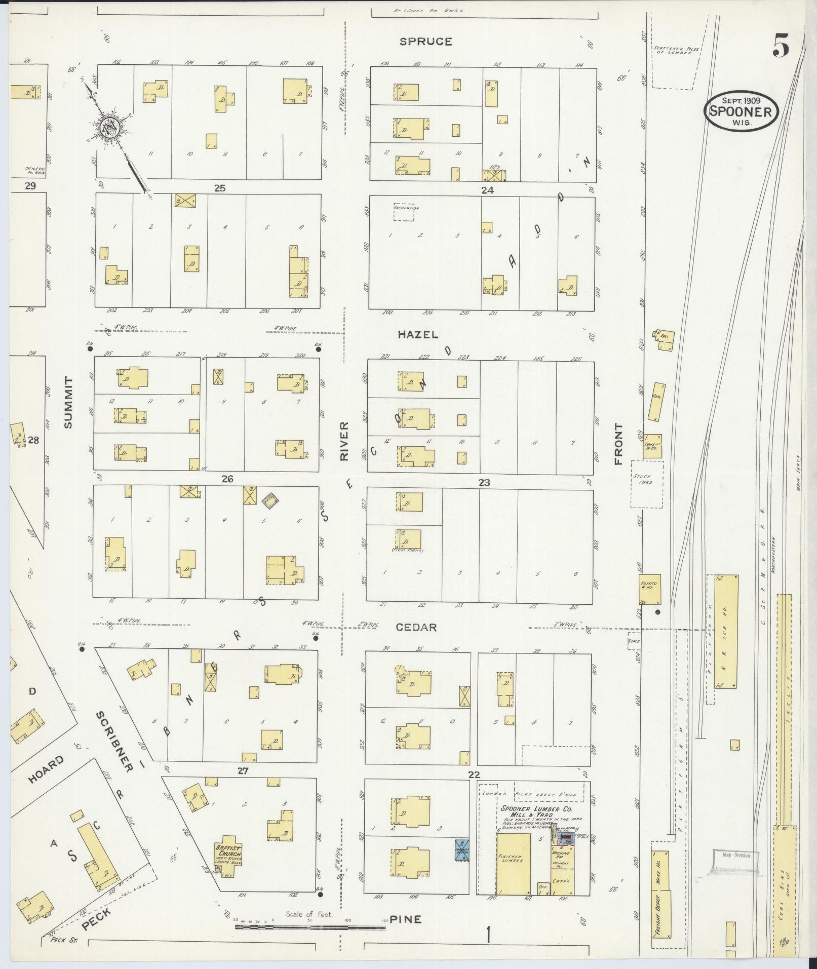 Sanborn Fire Insurance Map from Spooner, Washburn County, Wisconsin (1909), Sheet #0005 - Historic Sanborn Fire Insurance Map Print, vintage old map wall art, antique decor, genealogy gift, Wisconsin Wisconsin map