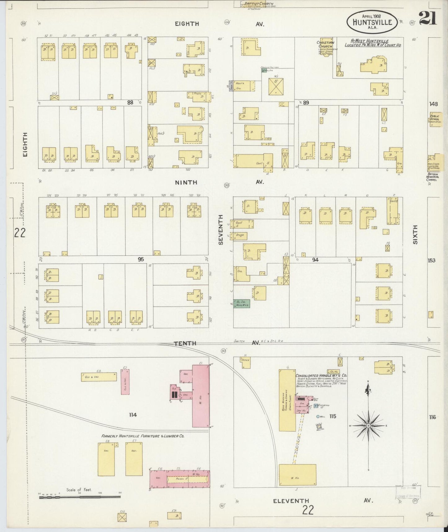 Sanborn Fire Insurance Map from Huntsville, Madison County, Alabama (1908), Sheet #0021 - Complete Map Set gallery image, historic Sanborn map, vintage wall art, Alabama Alabama