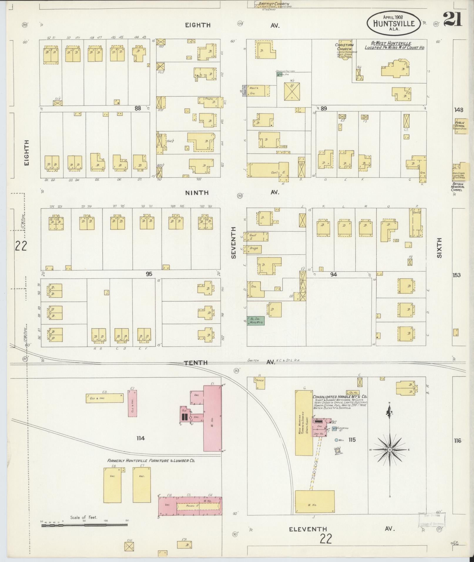 Sanborn Fire Insurance Map from Huntsville, Madison County, Alabama (1908), Sheet #0021 - Complete Map Set gallery image, historic Sanborn map, vintage wall art, Alabama Alabama