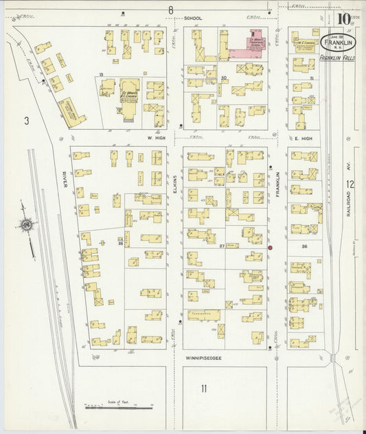 Sanborn Fire Insurance Map from Franklin, Merrimack County, New Hampshire (1911), Sheet #0010 - Historic Sanborn Fire Insurance Map Print, vintage old map wall art, antique decor, genealogy gift, New Hampshire New Hampshire map