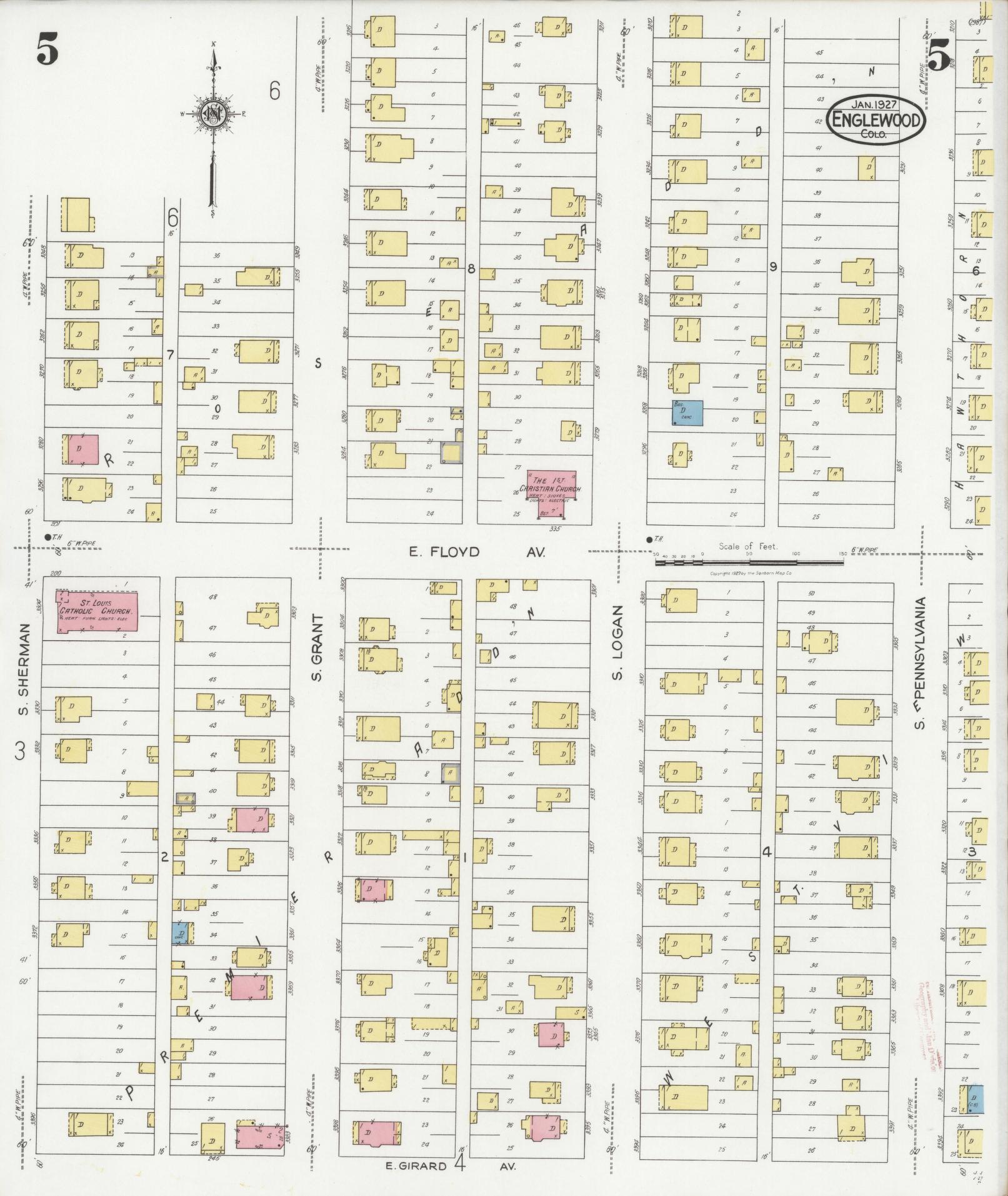 Sanborn Fire Insurance Map from Englewood, Arapahoe County, Colorado (1927), Sheet #0005 - Historic Sanborn Fire Insurance Map Print, vintage old map wall art, antique decor, genealogy gift, Colorado Colorado map
