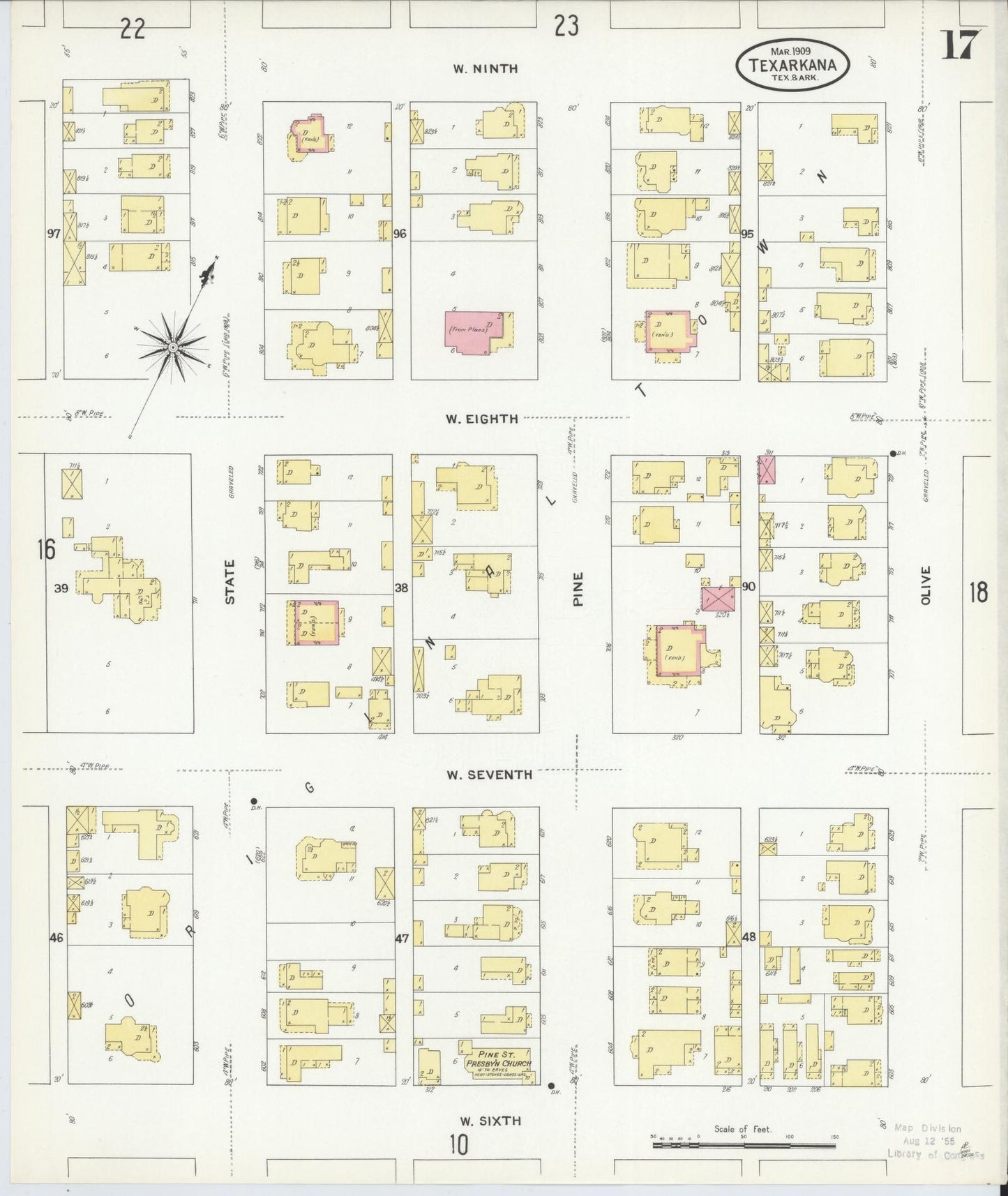 Sanborn Fire Insurance Map from Texarkana, Bowie County, Texas (1909), Sheet #0017 - Complete Map Set gallery image, historic Sanborn map, vintage wall art, Texas Texas
