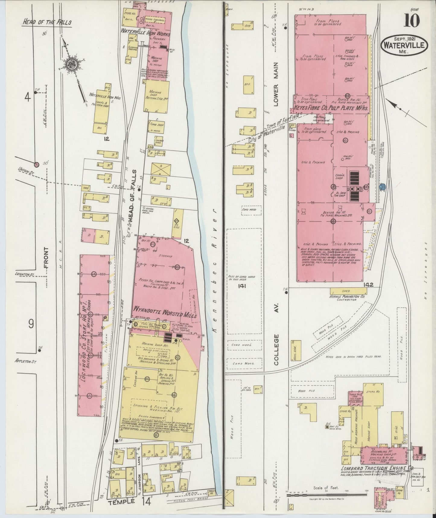 Sanborn Fire Insurance Map from Waterville, Kennebec County, Maine (1921), Sheet #0010 - Historic Sanborn Fire Insurance Map Print, vintage old map wall art, antique decor, genealogy gift, Maine Maine map