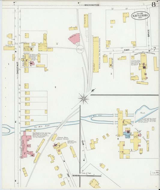 Sanborn Fire Insurance Map from North Attleborough, Bristol County, Massachusetts (1899), Sheet #0008 - Historic Sanborn Fire Insurance Map Print, vintage old map wall art, antique decor, genealogy gift, Massachusetts Massachusetts map