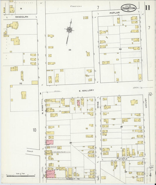 Sanborn Fire Insurance Map from Hampton, Independent Cities, Virginia (1916), Sheet #0011 - Historic Sanborn Fire Insurance Map Print, vintage old map wall art, antique decor, genealogy gift, Virginia Virginia map
