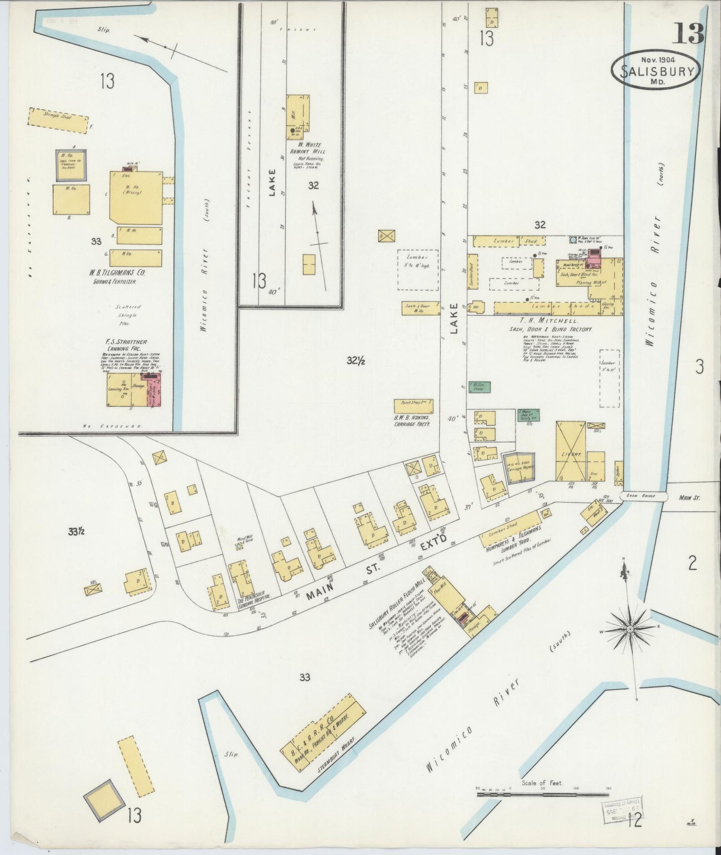 Sanborn Fire Insurance Map from Salisbury, Wicomico County, Maryland (1904), Sheet #0013 - Historic Sanborn Fire Insurance Map Print, vintage old map wall art, antique decor, genealogy gift, Maryland Maryland map