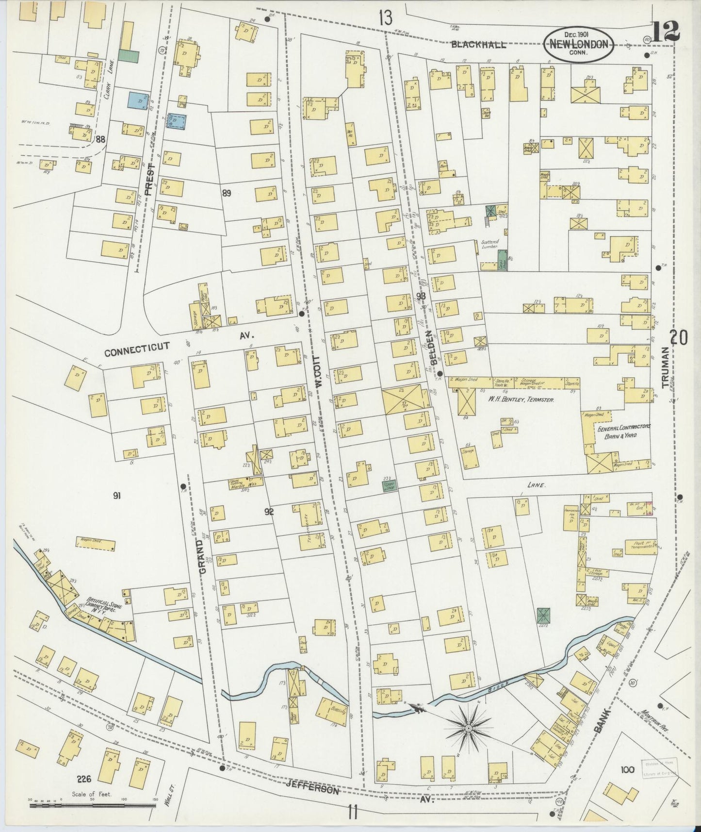 Sanborn Fire Insurance Map from New London, New London County, Connecticut (1901), Sheet #0012 - Complete Map Set gallery image, historic Sanborn map, vintage wall art, Connecticut Connecticut