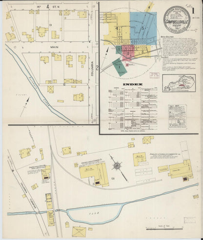 Sanborn Fire Insurance Map from Campbellsville, Taylor County, Kentucky (1915), Sheet #0001 - Complete Map Set gallery image, historic Sanborn map, vintage wall art, Kentucky Kentucky