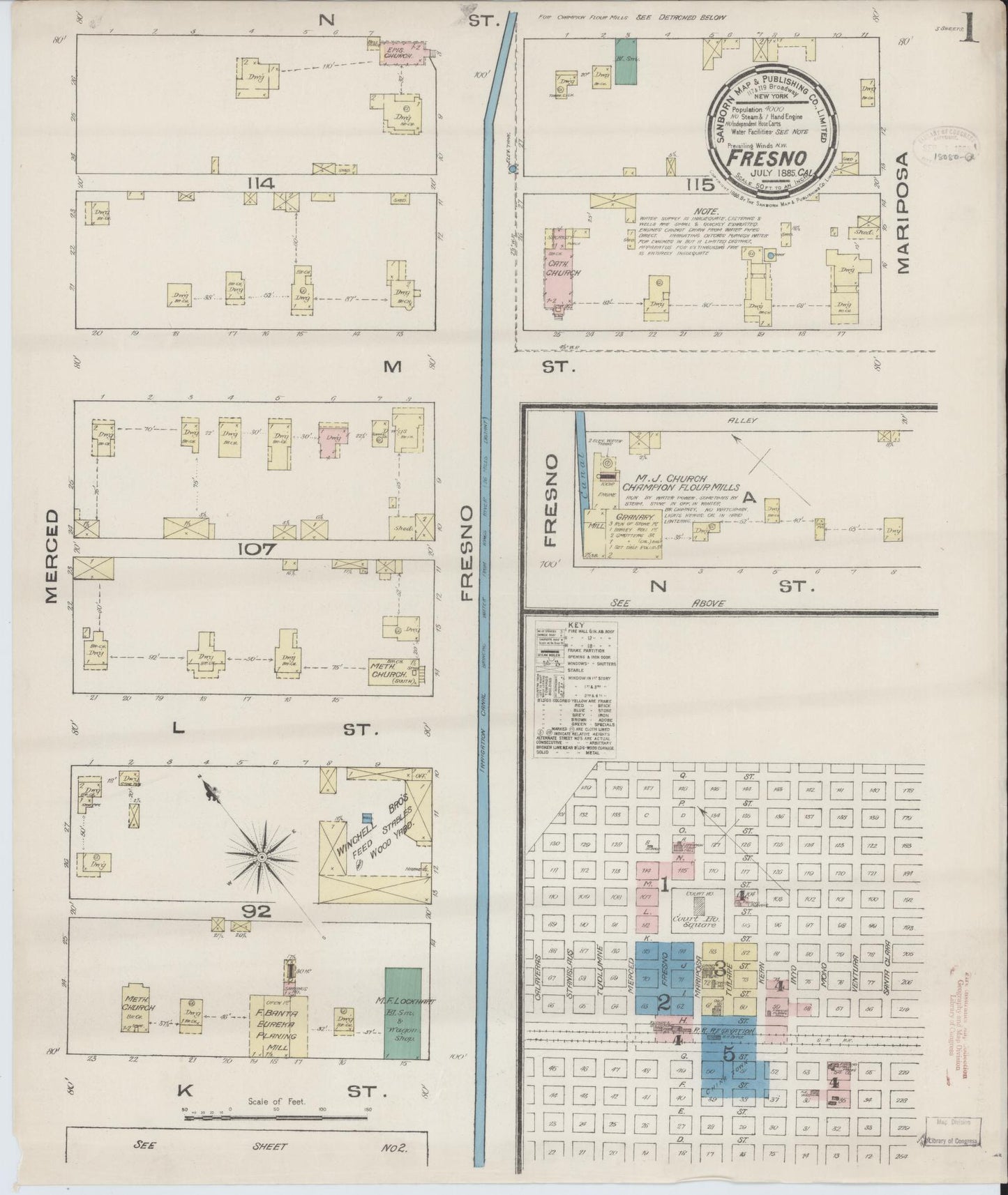 Sanborn Fire Insurance Map from Fresno, Fresno County, California (1885), Sheet #0001 - Historic Sanborn Fire Insurance Map Print, vintage old map wall art, antique decor, genealogy gift, California California map