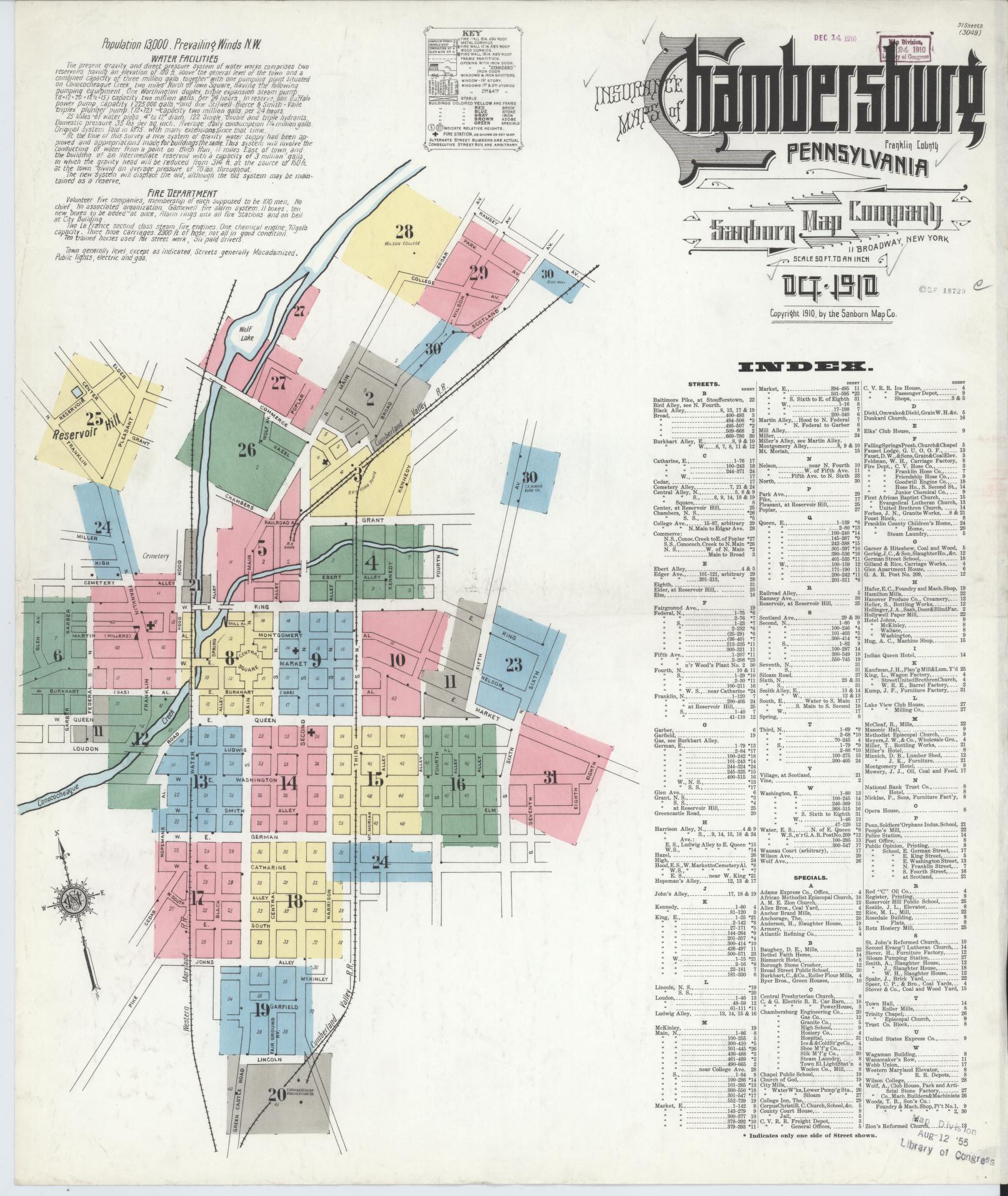 Sanborn Fire Insurance Map from Chambersburg, Franklin County, Pennsylvania (1910), Sheet #0001 - Historic Sanborn Fire Insurance Map Print, vintage old map wall art, antique decor, genealogy gift, Pennsylvania Pennsylvania map