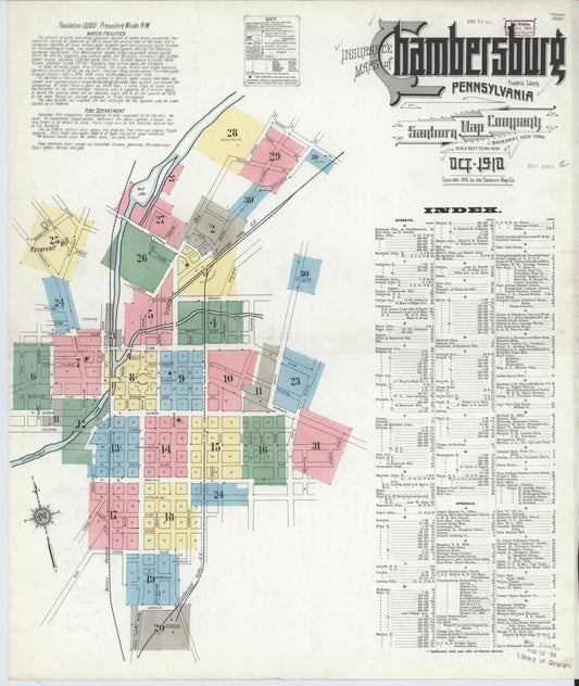 Sanborn Fire Insurance Map from Chambersburg, Franklin County, Pennsylvania (1910), Sheet #0001 - Historic Sanborn Fire Insurance Map Print, vintage old map wall art, antique decor, genealogy gift, Pennsylvania Pennsylvania map