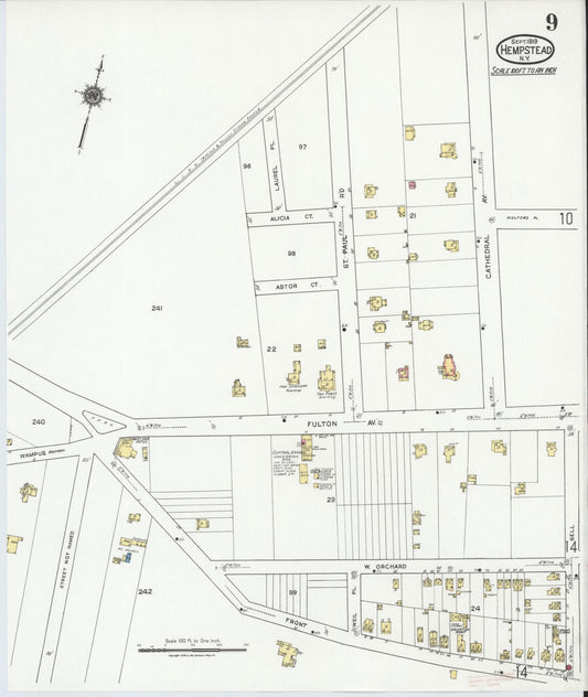 Sanborn Fire Insurance Map from Hempstead, Nassau County, New York (1919), Sheet #0009 - Historic Sanborn Fire Insurance Map Print, vintage old map wall art, antique decor, genealogy gift, New York New York map