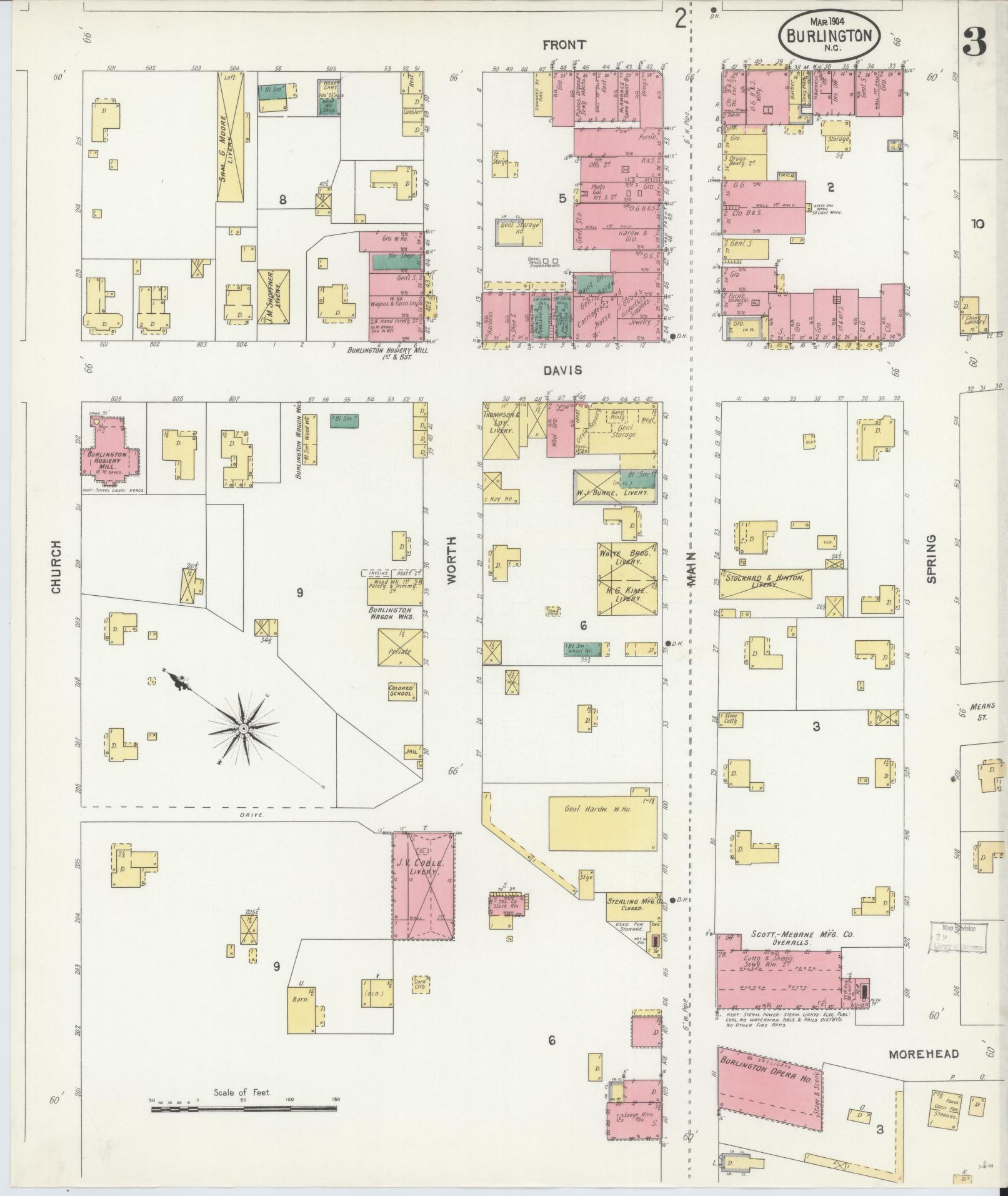 Sanborn Fire Insurance Map from Burlington, Alamance County, North Carolina (1904), Sheet #0003 - Complete Map Set gallery image, historic Sanborn map, vintage wall art, North Carolina North Carolina