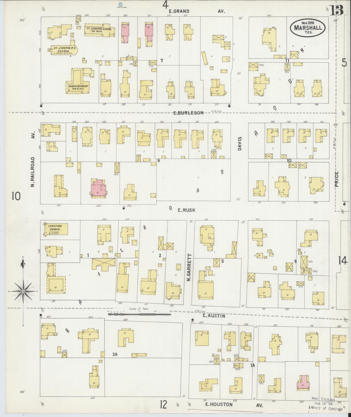 Sanborn Fire Insurance Map from Marshall, Harrison County, Texas (1899), Sheet #0013 - Complete Map Set gallery image, historic Sanborn map, vintage wall art, Texas Texas