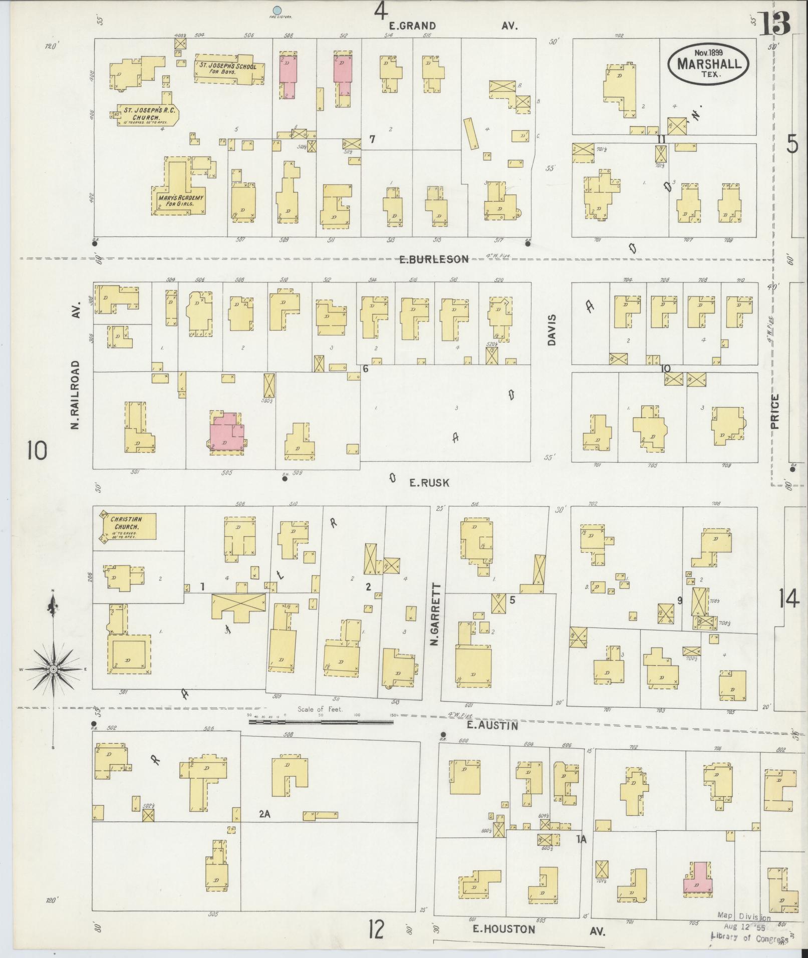 Sanborn Fire Insurance Map from Marshall, Harrison County, Texas (1899), Sheet #0013 - Complete Map Set gallery image, historic Sanborn map, vintage wall art, Texas Texas