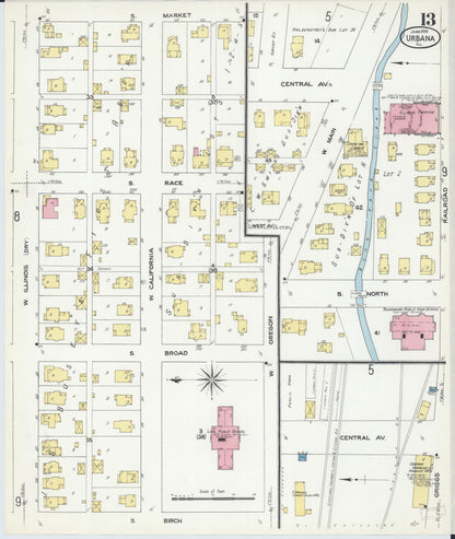 Sanborn Fire Insurance Map from Urbana, Champaign County, Illinois (1909), Sheet #0013 - Complete Map Set gallery image, historic Sanborn map, vintage wall art, Illinois Illinois