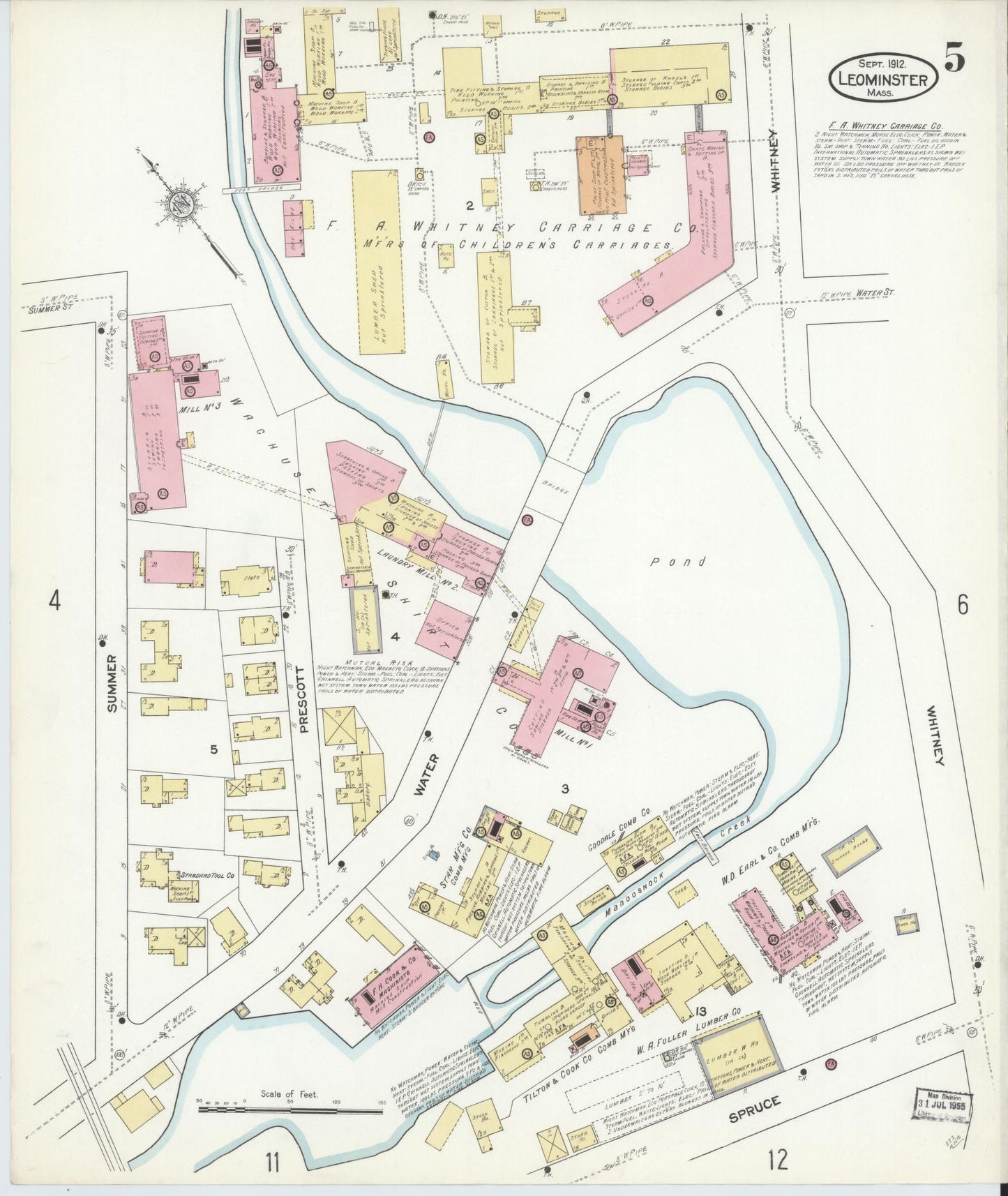 Sanborn Fire Insurance Map from Leominster, Worcester County, Massachusetts (1912), Sheet #0005 - Historic Sanborn Fire Insurance Map Print, vintage old map wall art, antique decor, genealogy gift, Massachusetts Massachusetts map