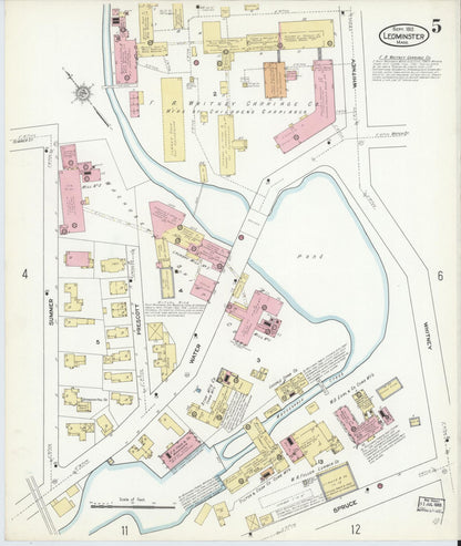 Sanborn Fire Insurance Map from Leominster, Worcester County, Massachusetts (1912), Sheet #0005 - Historic Sanborn Fire Insurance Map Print, vintage old map wall art, antique decor, genealogy gift, Massachusetts Massachusetts map