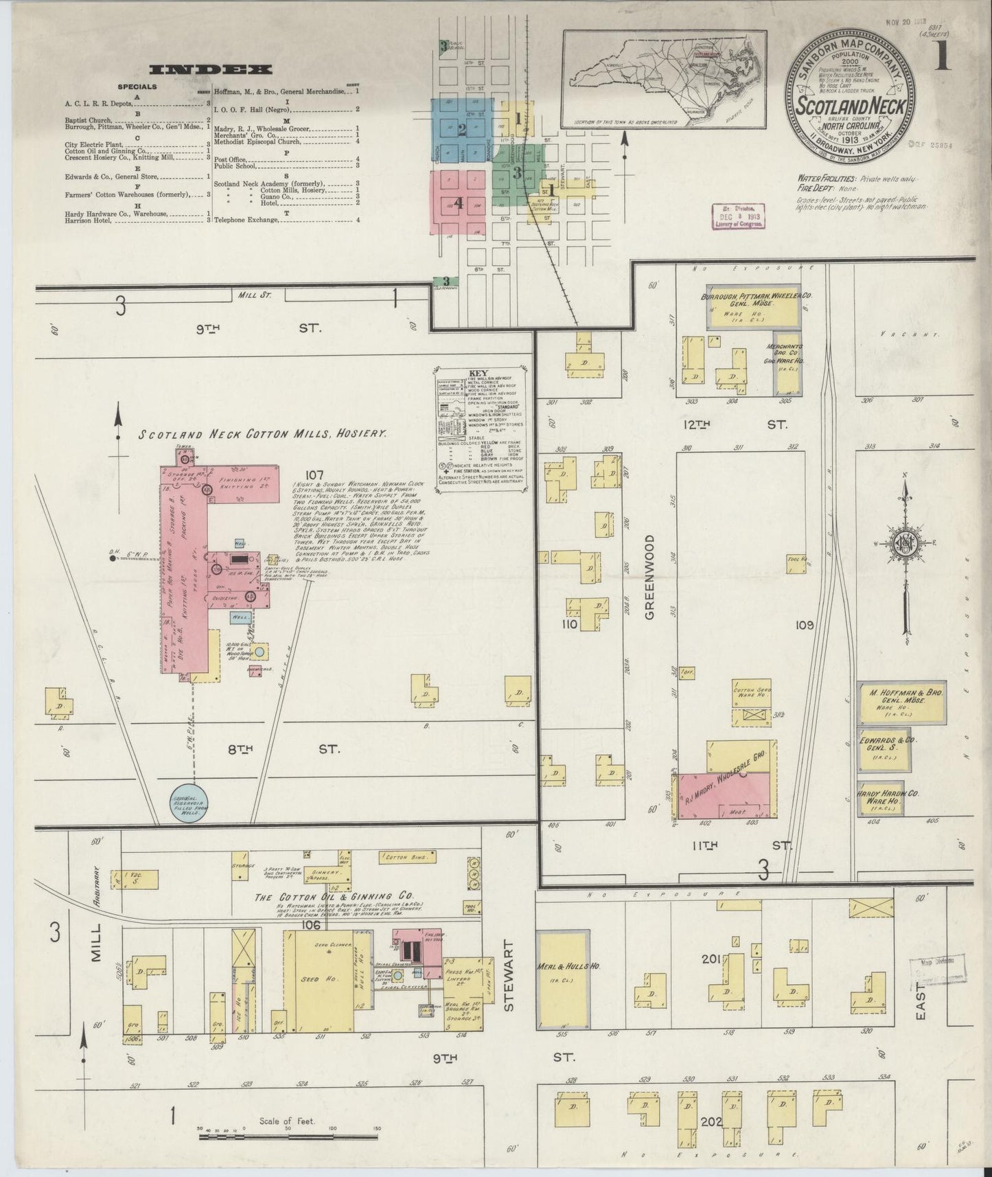 Sanborn Fire Insurance Map from Scotland Neck, Halifax County, North Carolina (1913), Sheet #0001 - Complete Map Set gallery image, historic Sanborn map, vintage wall art, North Carolina North Carolina