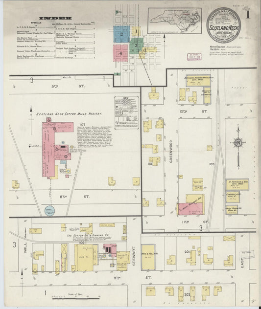 Sanborn Fire Insurance Map from Scotland Neck, Halifax County, North Carolina (1913), Sheet #0001 - Complete Map Set gallery image, historic Sanborn map, vintage wall art, North Carolina North Carolina