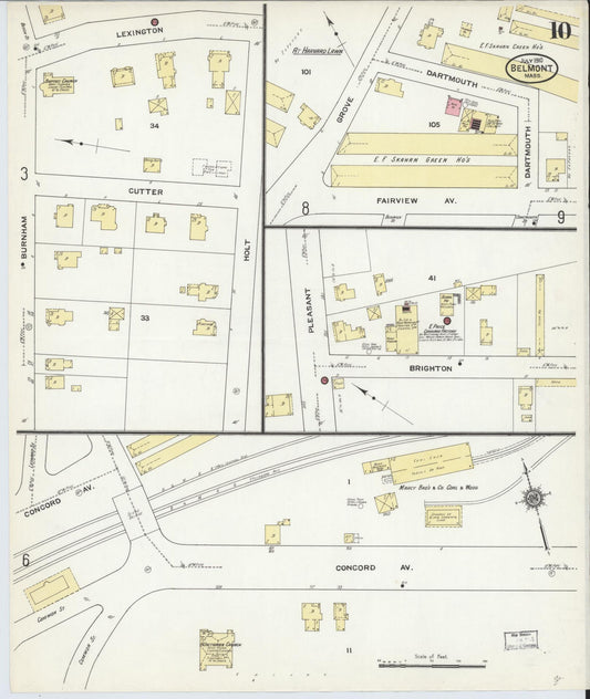 Sanborn Fire Insurance Map from Belmont, Middlesex County, Massachusetts (1910), Sheet #0010 - Historic Sanborn Fire Insurance Map Print, vintage old map wall art, antique decor, genealogy gift, Massachusetts Massachusetts map
