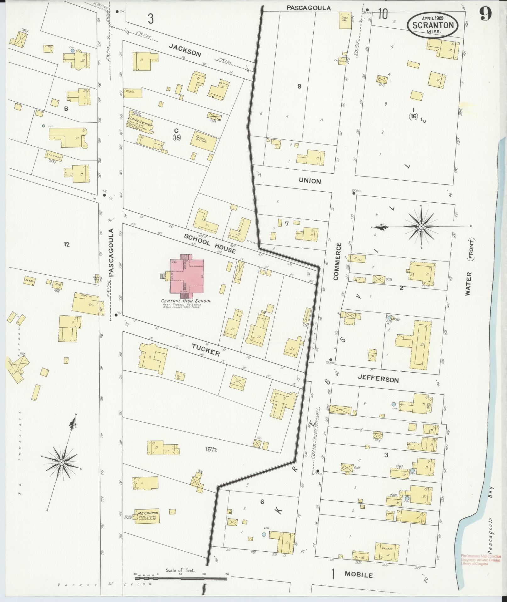 Sanborn Fire Insurance Map from Scranton, Jackson County, Mississippi (1909), Sheet #0009 - Complete Map Set gallery image, historic Sanborn map, vintage wall art, Mississippi Mississippi